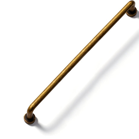 "A minimalist antique brass pull bar handle made of durable zinc with a slim, cylindrical design and rounded ends, suitable for cupboards, cabinets, drawers, and wardrobes."