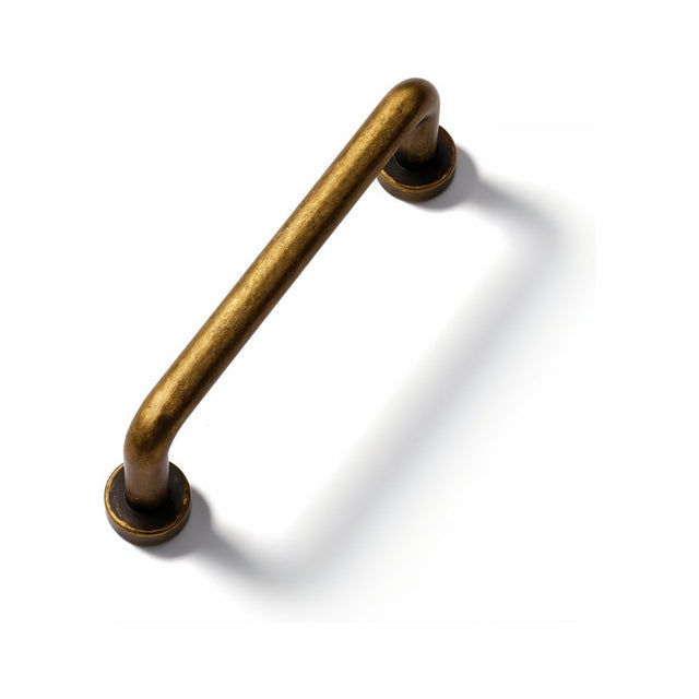 "Minimalist antique brass pull bar handle made of durable zinc with a slim, cylindrical design and rounded ends, suitable for cupboards, cabinets, drawers, and wardrobes."