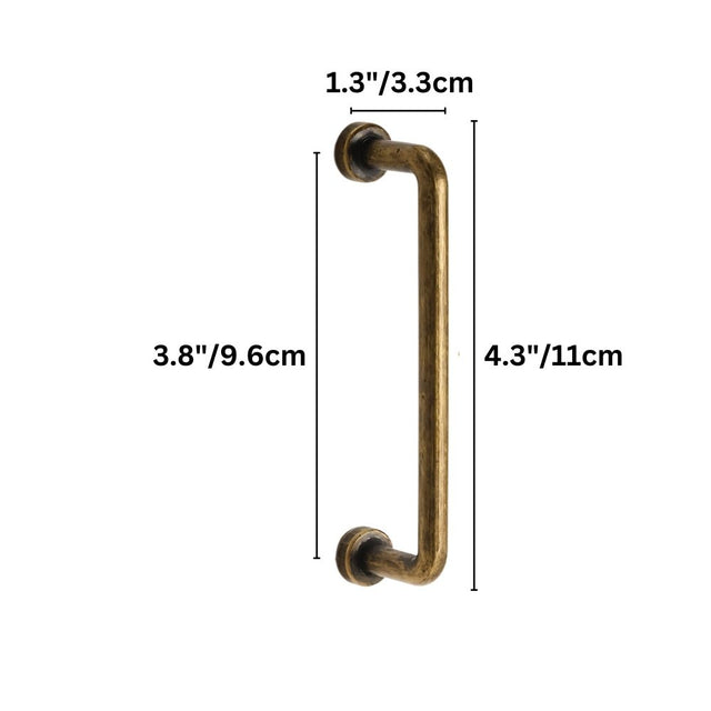 "Dimensions of a minimalist antique brass pull bar handle made of durable zinc with a slim, cylindrical design and rounded ends: 3.8 inches center-to-center, 4.3 inches overall length, and 1.3 inches in depth."