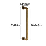 "Dimensions of a minimalist antique brass pull bar handle made of durable zinc with a slim, cylindrical design and rounded ends: 5 inches center-to-center, 5.6 inches overall length, and 1.3 inches in depth."