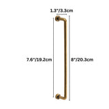 "Dimensions of a minimalist antique brass pull bar handle made of durable zinc with a slim, cylindrical design and rounded ends: 7.6 inches center-to-center, 8 inches overall length, and 1.3 inches in depth."