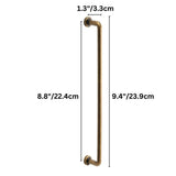 "Dimensions of a minimalist antique brass pull bar handle made of durable zinc with a slim, cylindrical design and rounded ends: 8.8 inches center-to-center, 9.4 inches overall length, and 1.3 inches in depth."