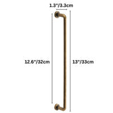 "Dimensions of a minimalist antique brass pull bar handle made of durable zinc with a slim, cylindrical design and rounded ends: 12.6 inches center-to-center, 13 inches overall length, and 1.3 inches in depth."