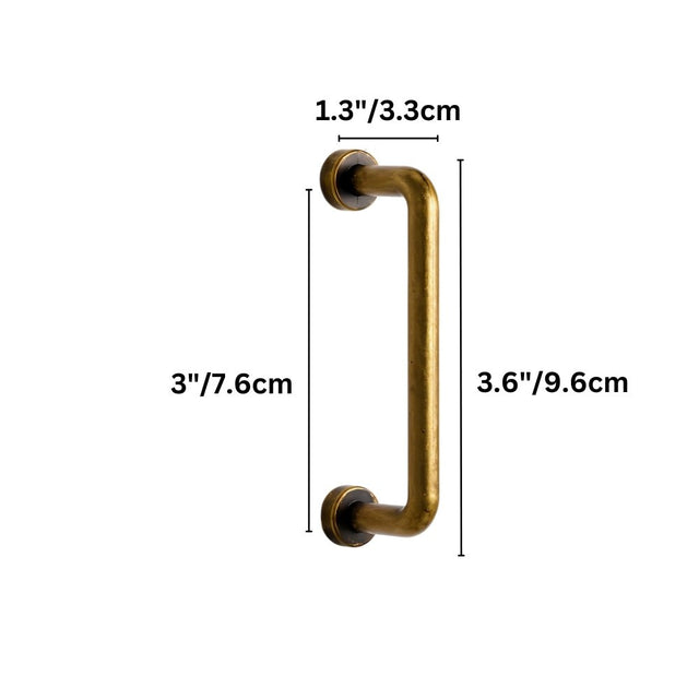 "Dimensions of a minimalist antique brass pull bar handle made of durable zinc with a slim, cylindrical design and rounded ends: 3 inches center-to-center, 3.6 inches overall length, and 1.3 inches in depth."
