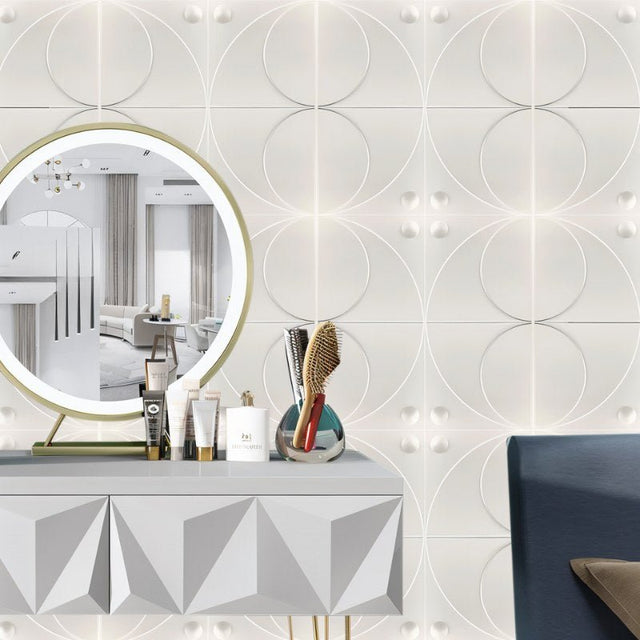Amili PVC Wall Panels with circular patterns used in a vanity area, highlighting their luxury appeal and easy installation for DIY interiors.