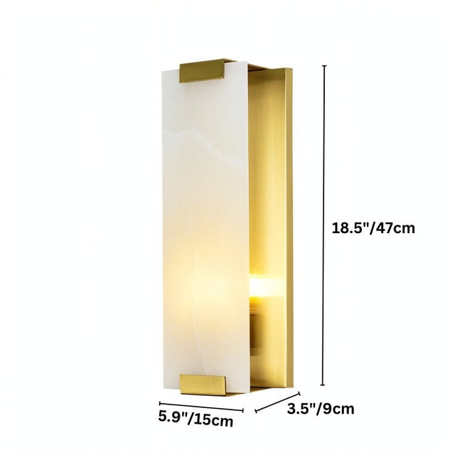 "Dimensions (18.5"/47cm height, 5.9"/15cm width, 3.5"/9cm depth) of a modern wall lamp with a rectangular alabaster panel and brass accents on a white background."