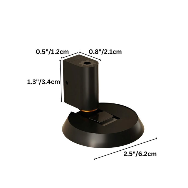 "Modern brushed brass door stop with cylindrical housing and flat base, dimensions indicated."