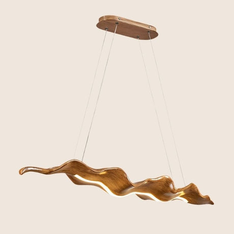 "Sleek and stylish chandelier with a wave-like form, made from fiberglass and acrylic, suspended in a modern home interior."