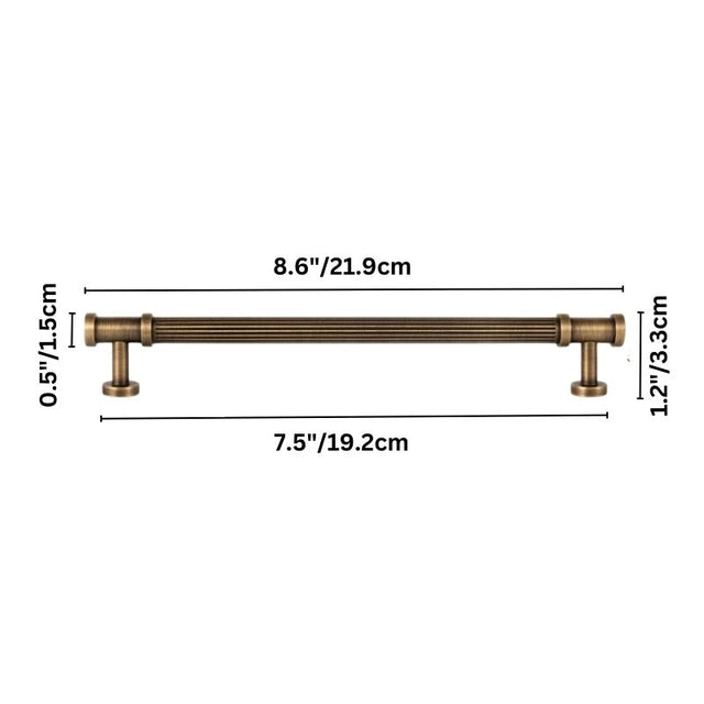 "A close-up studio shot of a bronze pull handle with ribbed texture and detailed end caps, shown with dimensions on a white background."