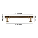 "Dimensions of a medium-sized antique brass fluted pull bar with detailed end caps and a ribbed texture."