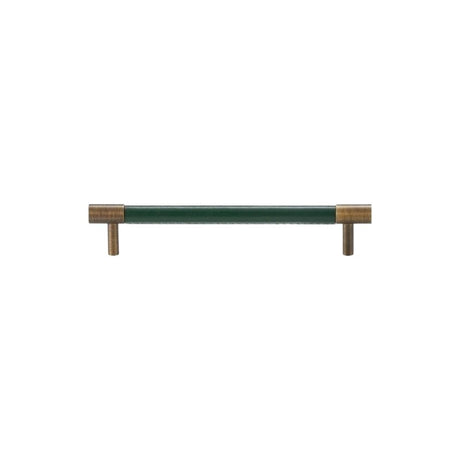 "A modern green leather and brass cabinet pull bar on a white background."