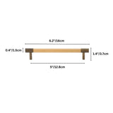 "Dimensions of a tan leather and brass pull bar: 6.2 inches (16 cm) length, 1.4 inches (3.7 cm) height, 0.4 inches (1.5 cm) thickness, and 5 inches (12.8 cm) center-to-center."