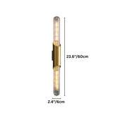 "Dimensions, 23.6 inches tall and 2.4 inches wide, of a modern brass wall lamp with a vertical glass tube."