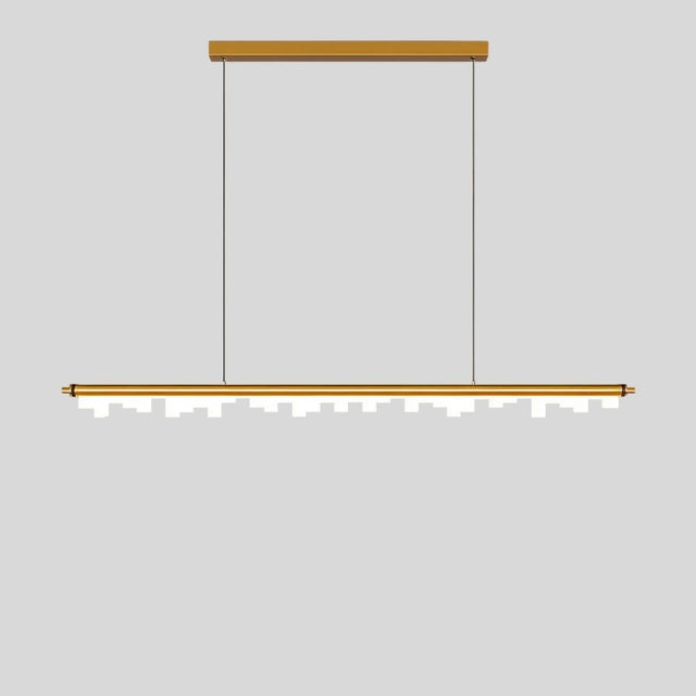 "Contemporary gold pendant light with a sleek aluminum frame and geometric acrylic diffusers, ideal for modern interiors."