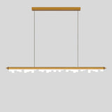 "Gold linear pendant light with a sleek aluminum frame and geometric acrylic diffusers, offering even illumination."
