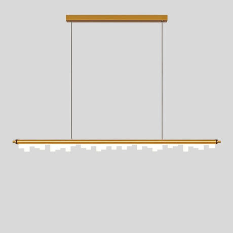 "Gold linear pendant light with a sleek aluminum frame and geometric acrylic diffusers, offering even illumination."