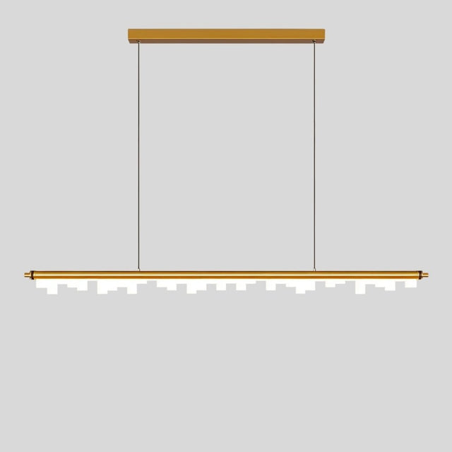 "Gold linear pendant light with a sleek aluminum frame and geometric acrylic diffusers, offering even illumination."