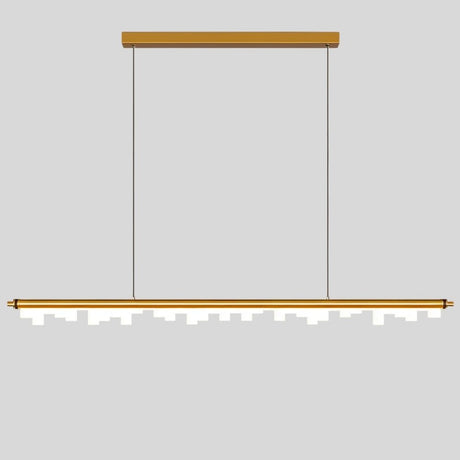 "Linear pendant light in gold finish with geometric acrylic diffusers, creating a modern and elegant design."