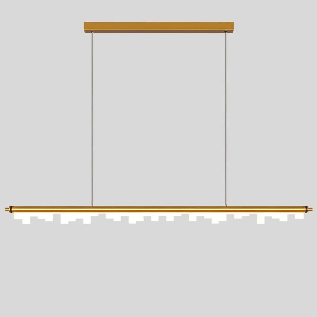 "Linear pendant light in gold finish with geometric acrylic diffusers, creating a modern and elegant design."
