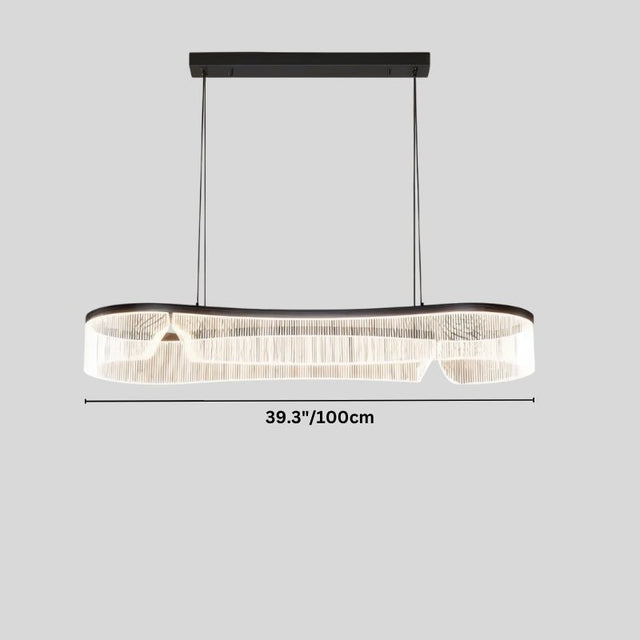 "Dimensions diagram of a modern chandelier with a sleek iron frame and undulating acrylic shade, showing measurements."