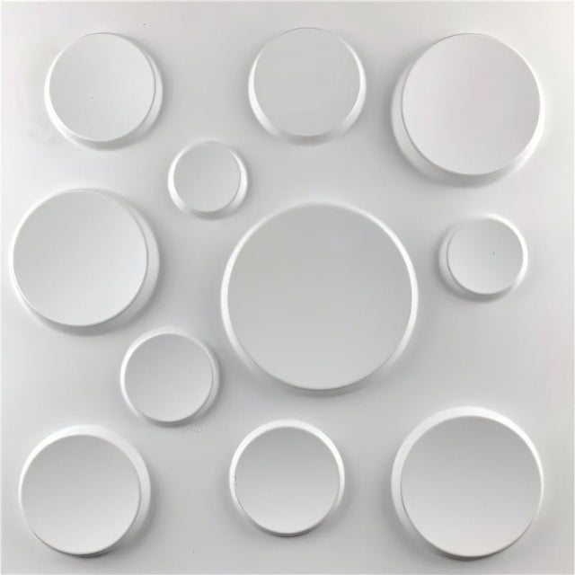 Arsnal Wall Panel featuring 3D circular patterns in white PVC, suitable for decorative wall panel applications.