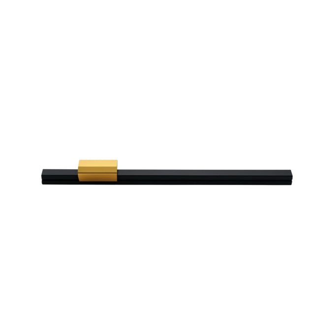 "A sleek black and gold aluminum pull bar isolated on a white background, suitable for modern cabinetry."