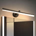 Top-down view of a linear brushed nickel wall sconce with circular mounting hardware, 19.2 inches wide, on white background.