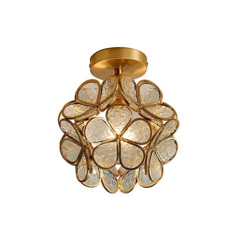 "A ceiling light with a brass frame and etched, clear glass petals forming a floral design, providing a sophisticated and luminous accent."