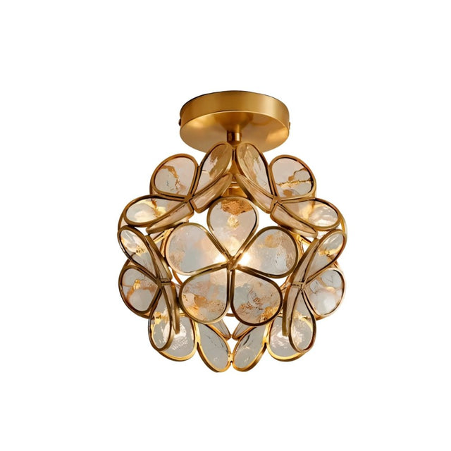 "A ceiling light with a brass frame and translucent glass petals accented with gold leaf, creating a luxurious and artistic focal point."
