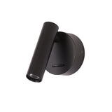 "A black aluminum wall lamp with an adjustable cylindrical head, shown against a white background."