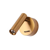 "A brass aluminum wall lamp with an adjustable cylindrical head, shown against a white background."