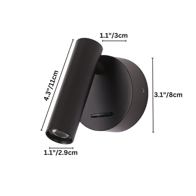 "A black wall lamp with an adjustable cylindrical head, shown against a white background with dimension measurements."