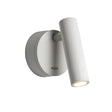 "A white aluminum wall lamp with an adjustable cylindrical head, shown lit up against a white background."