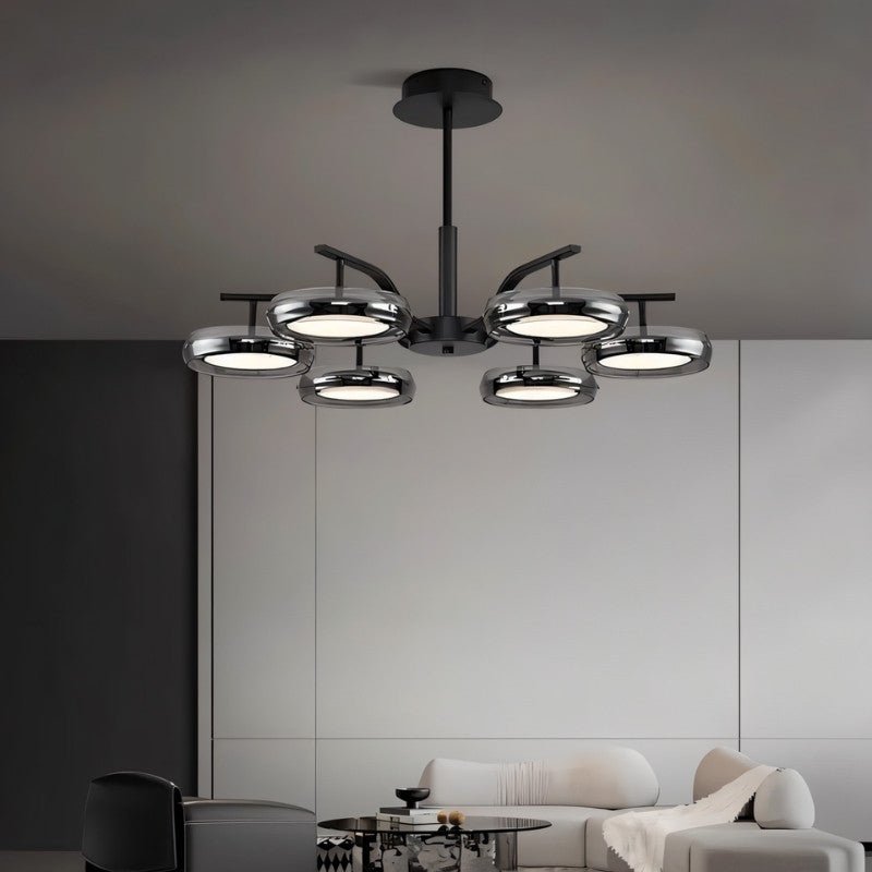 Astar Chandelier with black metal frame and glass disc shades