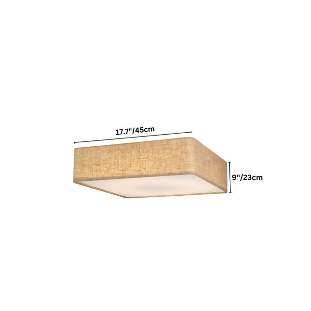 "Dimensions of a minimalist fabric ceiling light, showing 9 inches in height and 17.7 inches in width."