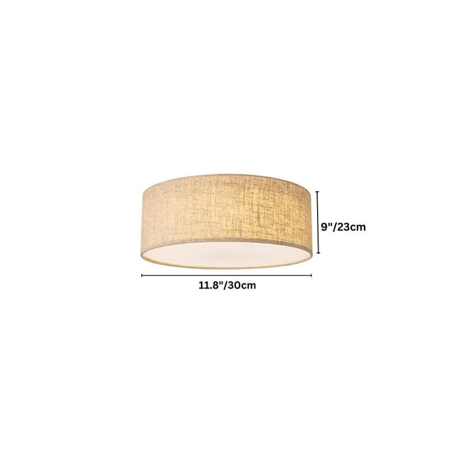"Dimensions of a round, minimalist fabric ceiling light, showing 9 inches in height and 11.8 inches in diameter."