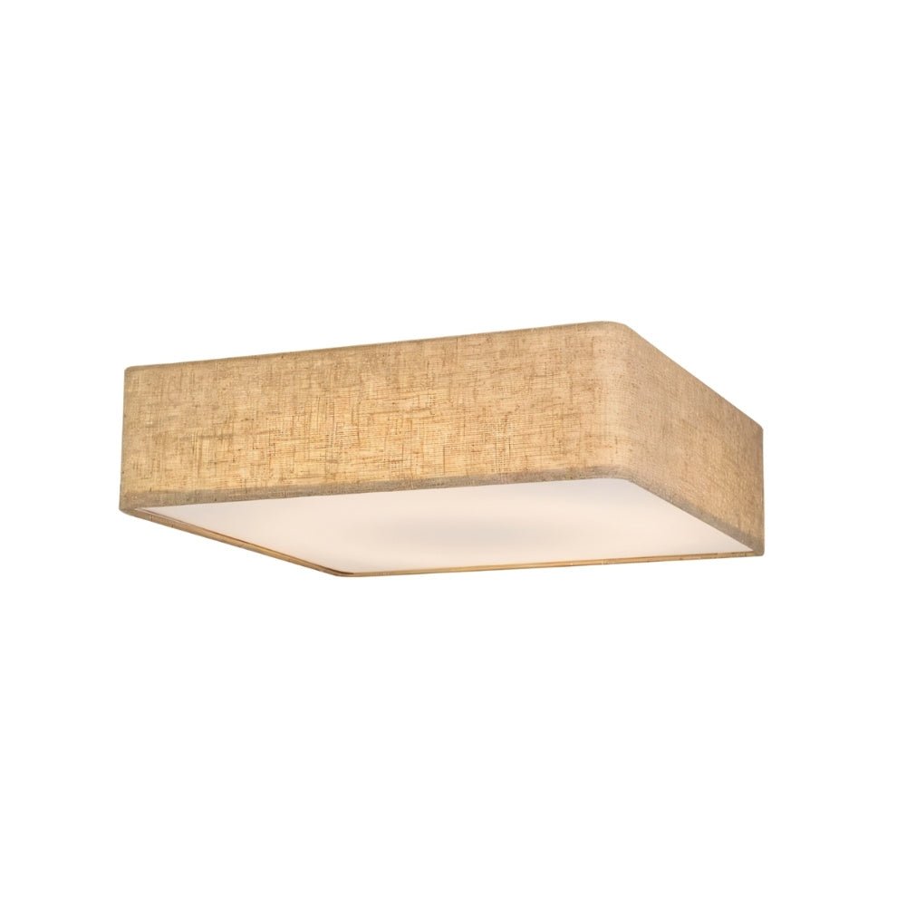 "Square, minimalist fabric ceiling light fixture on a white background."