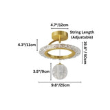 "A gold ceiling light with a circular frame and a hanging crystal sphere, shown against a white background with dimension measurements."
