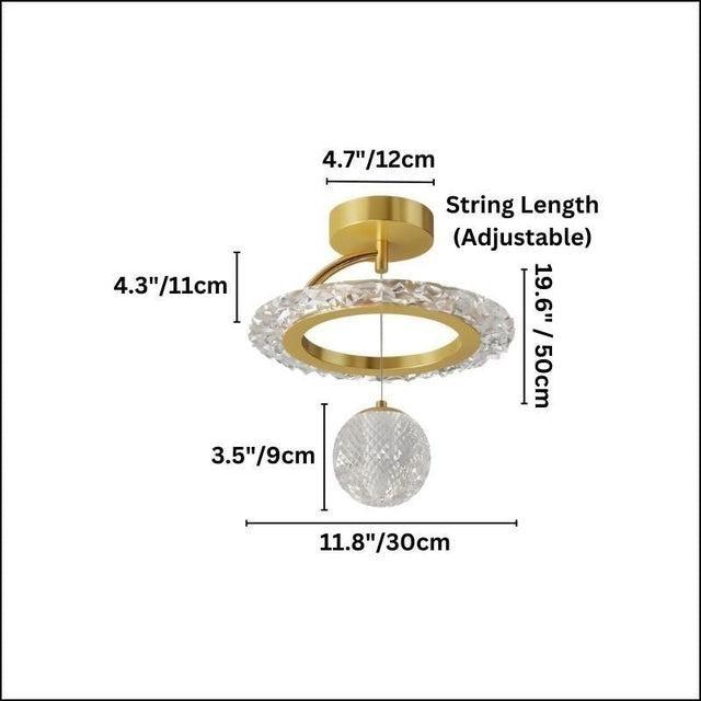 "A gold ceiling light with a circular frame and a hanging crystal sphere, shown against a white background with dimension measurements."