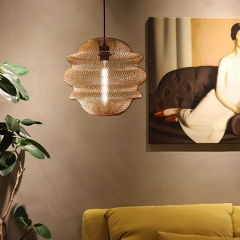 "Gold mesh pendant light with a layered, wave-like design,"