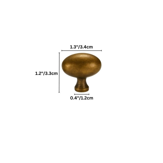 "Dimensions of an oval antique brass knob with a smooth, ergonomic grip, suitable for cabinets, drawers, and doors."