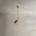 Brass cylindrical ceiling spotlight with adjustable head mounted on white ceiling.
