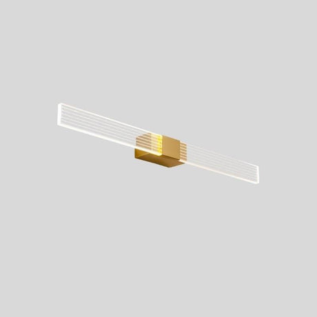 "Modern gold finish bathroom vanity light with acrylic diffuser on a gray background."