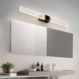 "Long, modern bathroom vanity light with a minimalist design above a large mirror."