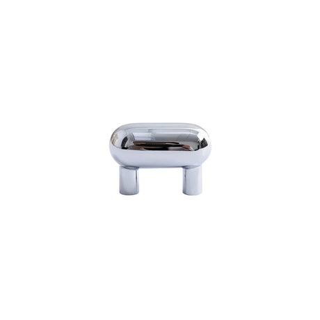 "Sleek, capsule-shaped chrome knob with a polished finish, suitable for modern or minimalist interiors."