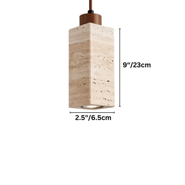"Dimensions of a modern minimalist pendant light with a rectangular travertine body: 9 inches in height and 2.5 inches in width."