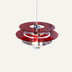 Red pendant light with stacked metal shades and chrome center fixture on white background.
