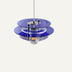 Blue glass pendant light with chrome hardware suspended against a white background.