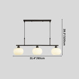 "A 3-light linear chandelier with opal glass globes, showing dimensions of 39.3 inches in height and 31.4 inches in width."