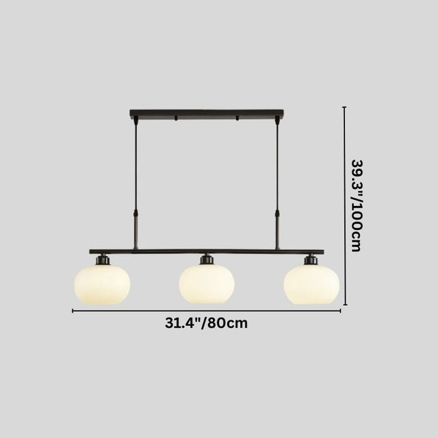 "A 3-light linear chandelier with opal glass globes, showing dimensions of 39.3 inches in height and 31.4 inches in width."